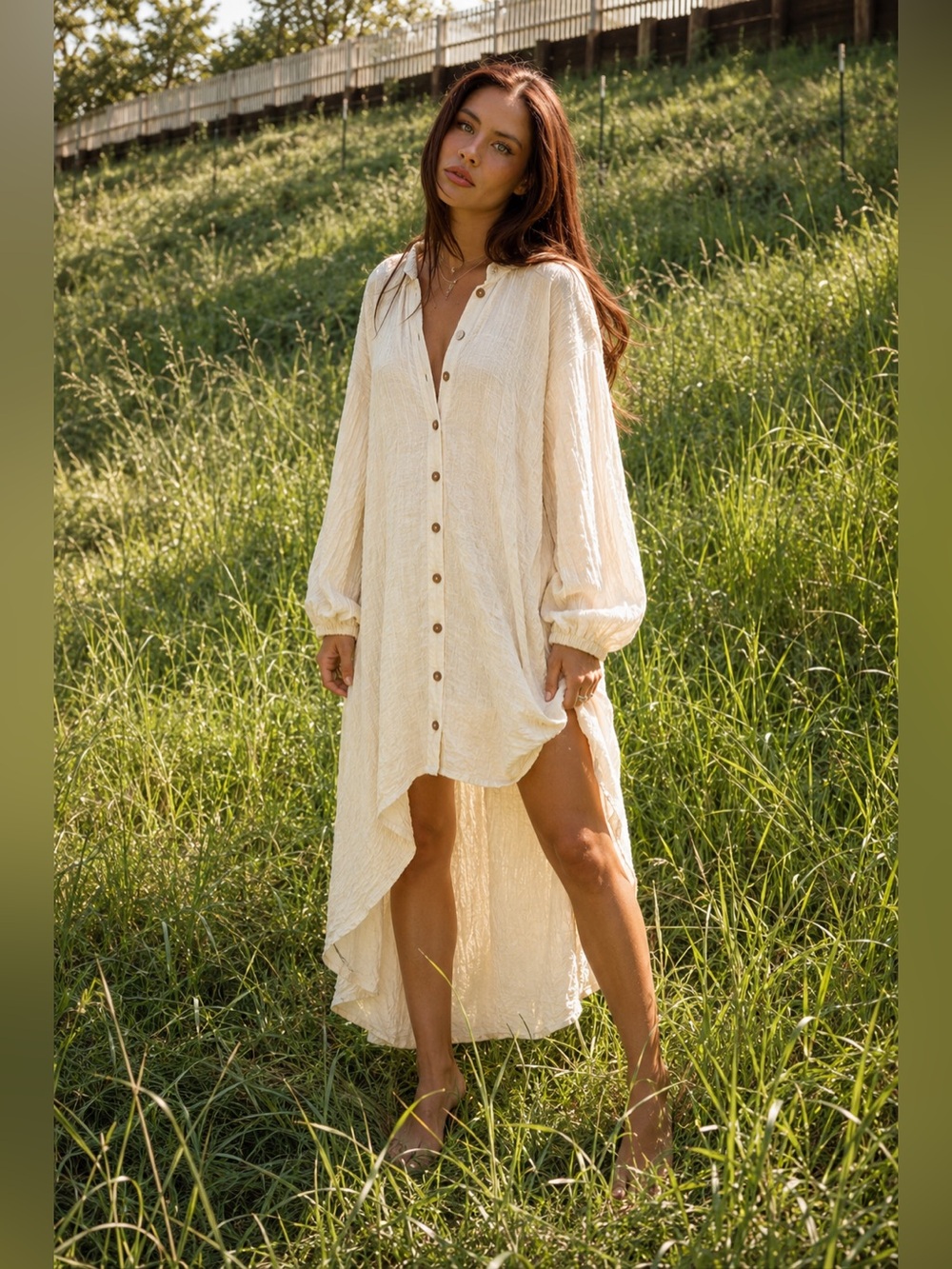 sale! Listicle Textured High-Low Button Down Dress Dress in Cream Ivory LD1077